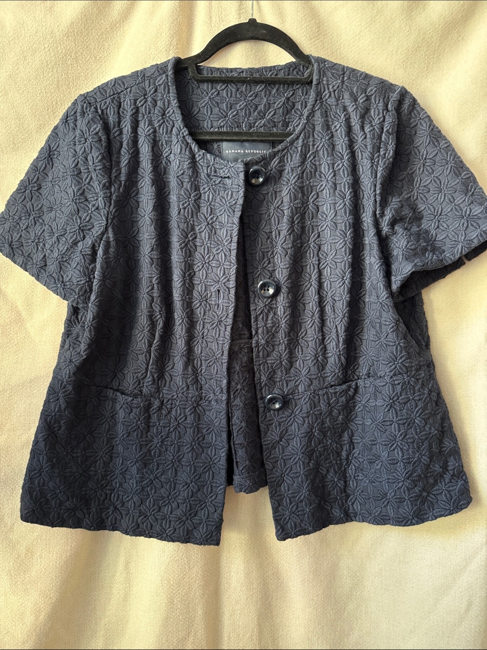 Banana Republic Navy Textured Short- Sleeve Quilted Swing Jacket Sz 14 EUC